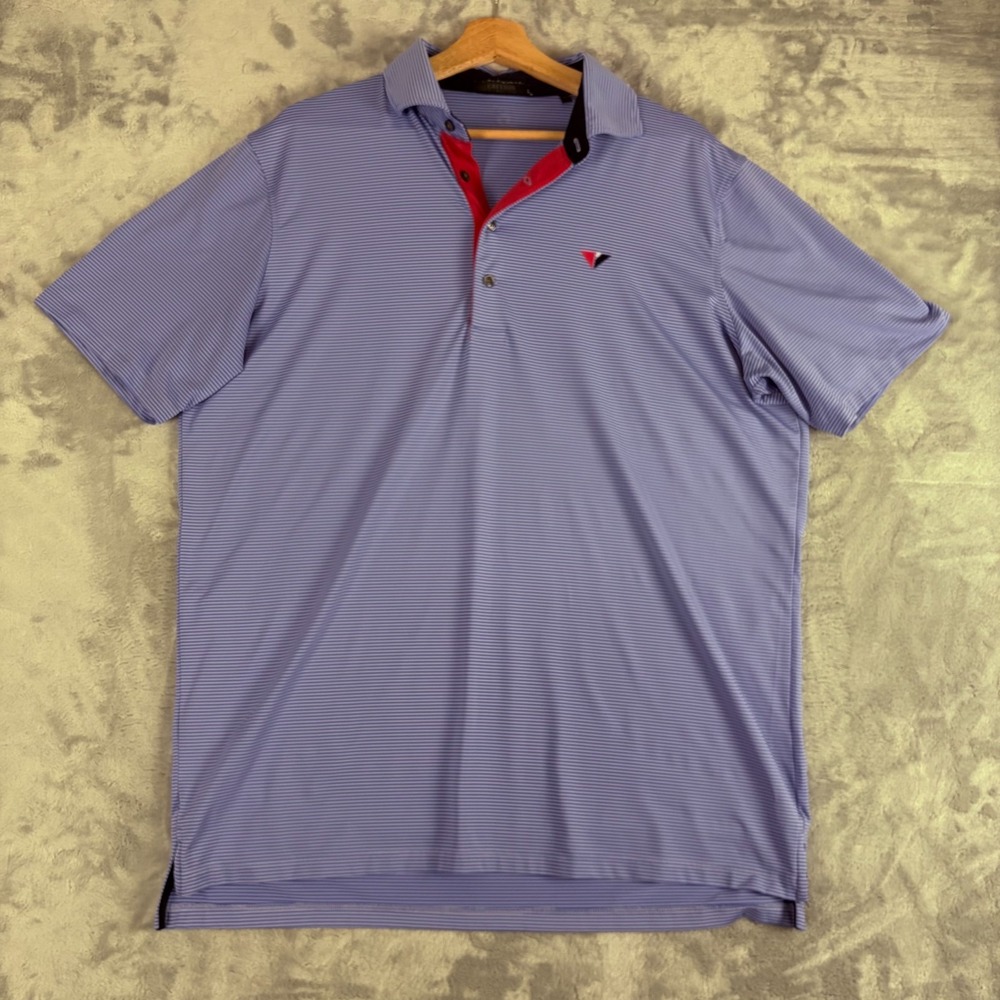 Greyson Golf Polo Shirt Mens Large Blue Striped Performance Stretch Logo